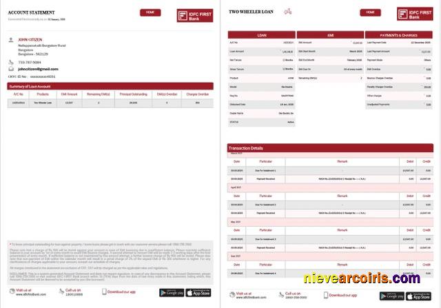 India IDFC First Bank Limited account statement Word and PDF, 2 pages